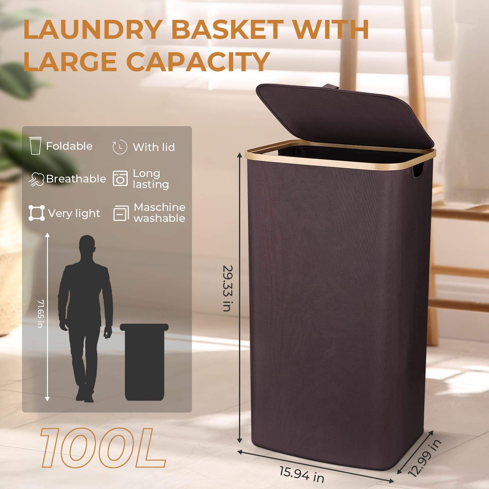 100L Wäschesammler Aufbewahrungskorb mit Deckel und abnehmbaren waschbaren Wäschesäcken, faltbarer Wäschesortierer für Schlafzimmer,