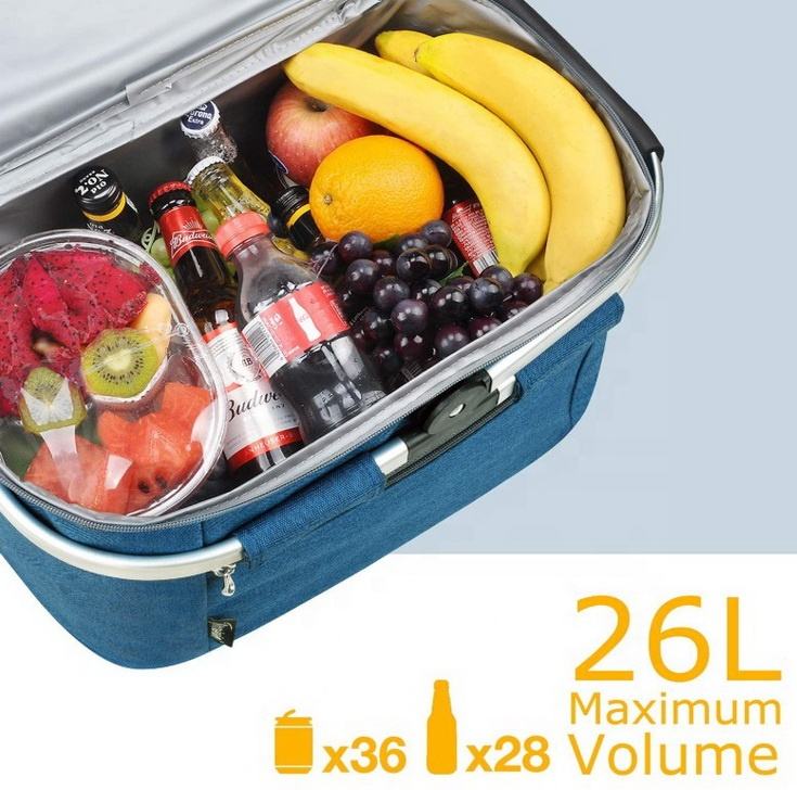 26L Großes Fassungsvermögen PEVA-Futter Isolierte Picknicktasche Tragbarer Kühlkorb für die Lieferung von Getränken am Strand