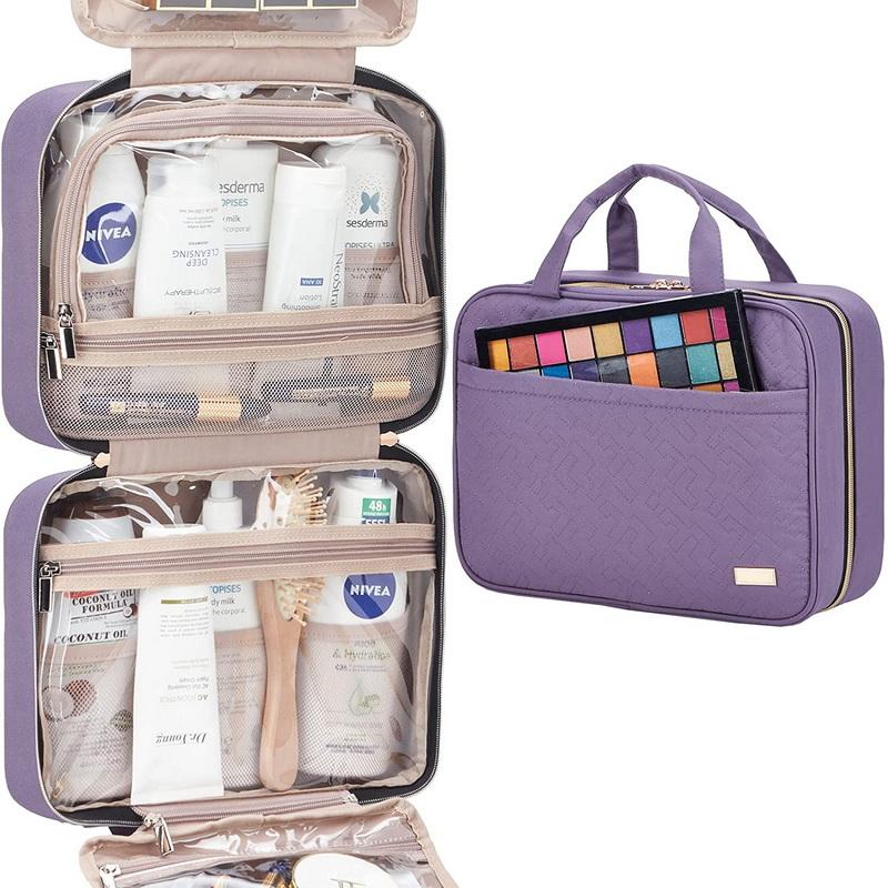 Lila wasserdichtes Polyester zum Aufhängen, Kosmetiktaschen, Reise, Kulturbeutel, Make-up-Organizer, Make-up-Aufbewahrungshalter mit Haken zum Aufhängen
