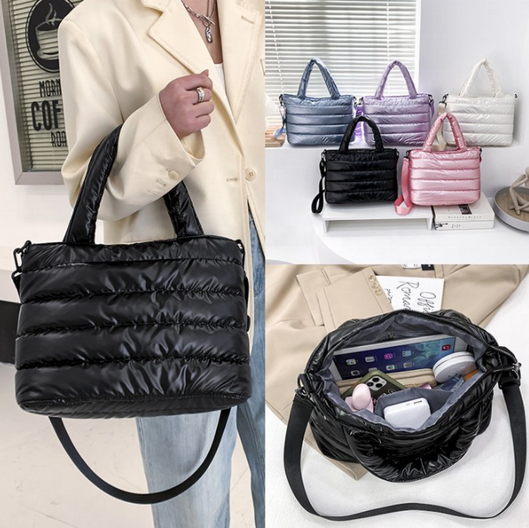 Glänzende, geschwollene, gesteppte Designer-Einkaufstasche mit Daunenfüllung, große Winter-Puffer-Crossbody-Tasche mit individuellem Logo