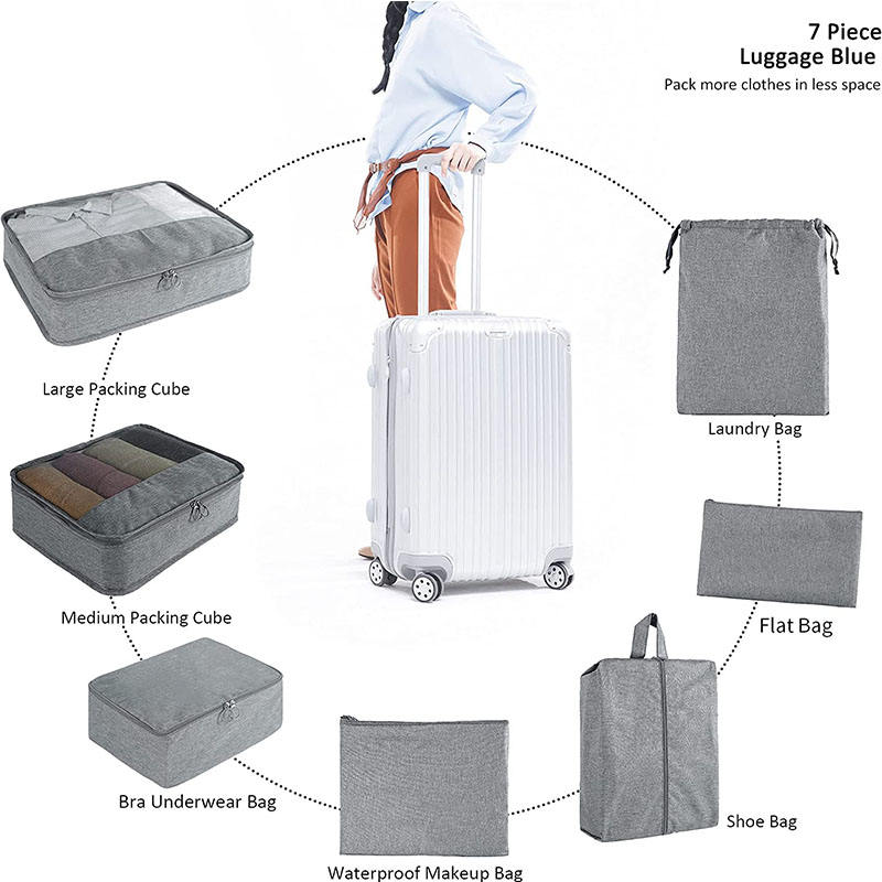 Graues, wasserdichtes 7-teiliges Set, leichte Koffer, Gepäckaufbewahrung, Organizer, Kompressionsverpackungswürfel für Reisen
