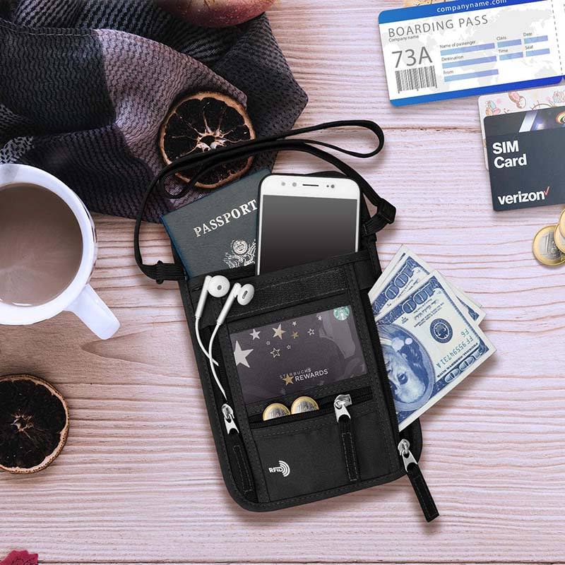 versteckte sicherheit rfid-blockierende nylon-organisatortasche reisedokument halstasche für handy, kreditkarten