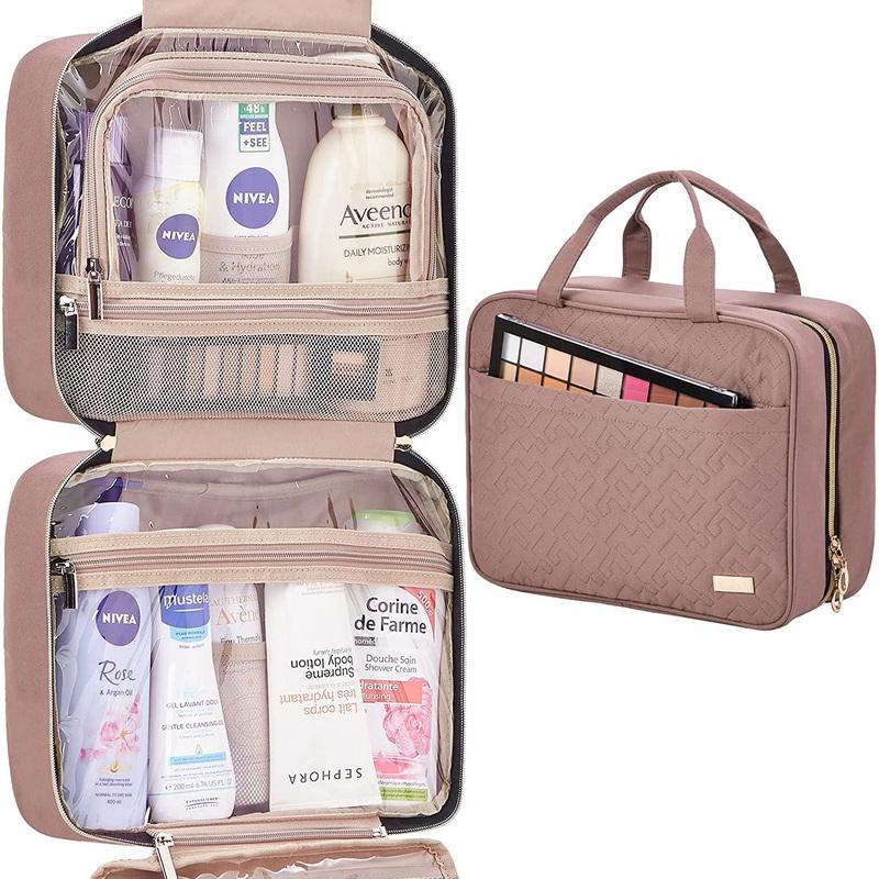 Rosa Reise-Make-up-Tasche mit individuellem Logo, wasserdichte Kulturbeutel, große Kapazität, Kosmetik-Organizer, Make-up-Halter mit Haken zum Aufhängen