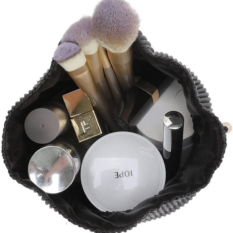 Tragbare schwarze Kordelzug-Kosmetiktaschen aus PU-Leder, Make-up-Tasche, Toilettenartikel, Organizer, individuelles Logo, Make-up-Halter für unterwegs