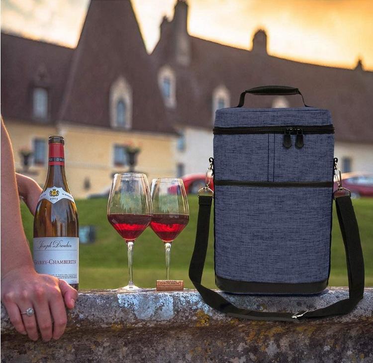 Zwei Flaschen Private Label Tragbarer auslaufsicherer Picknick-Reisewein Isolierte Flaschen Weinkühler Dual Zone