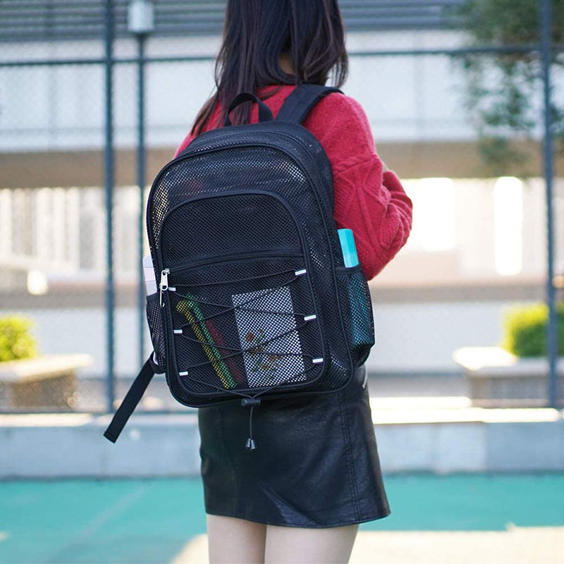 strapazierfähiger Netz-Reiserucksack mit individuellem Logo, Bungee und gepolsterten Schultergurten, durchsichtiger College-Studenten-Rucksack