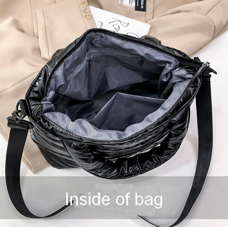 Glänzende, geschwollene, gesteppte Designer-Einkaufstasche mit Daunenfüllung, große Winter-Puffer-Crossbody-Tasche mit individuellem Logo