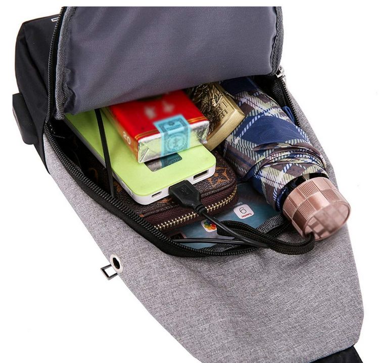Canvas Sling Brusttasche Sport Crossbody Bagpack One Shoulder Rucksack mit USB-Ladegerät