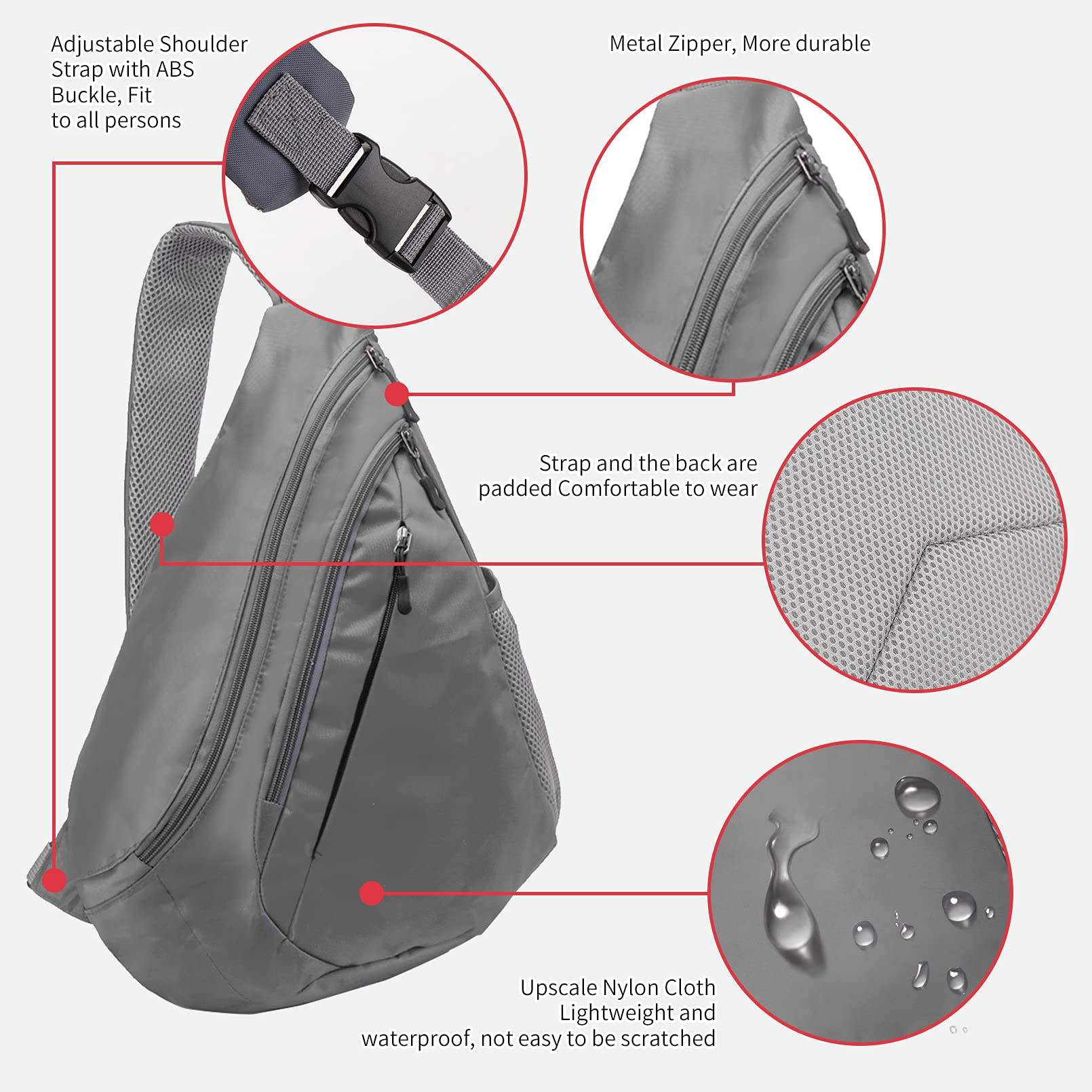 Wasserdichte Custom Sling Bag Leichte Umhängetasche Travel Hike Rucksack für Damen Herren Kind grau