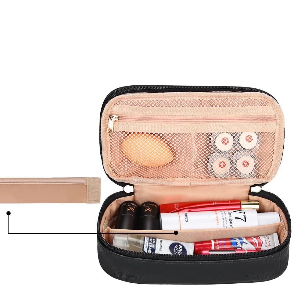 Schwarze Reise-Leder-Doppelschicht-Kosmetiktaschen mit individuellem Logo, Make-up-Tasche, Make-up-Hautpflege, Aufbewahrungs-Organizer mit Bürstenhalter