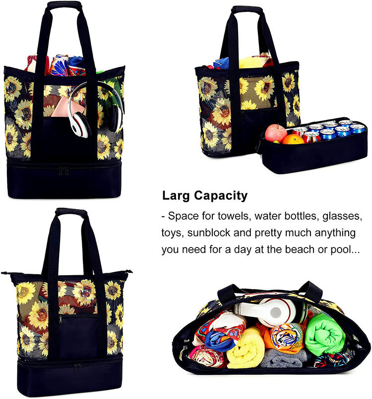 Gefaltete Pool-Picknick-Kühltasche mit Blumendruck, Strandhandtasche für Damen, Mesh-Strandtasche mit isoliertem Kühlfach