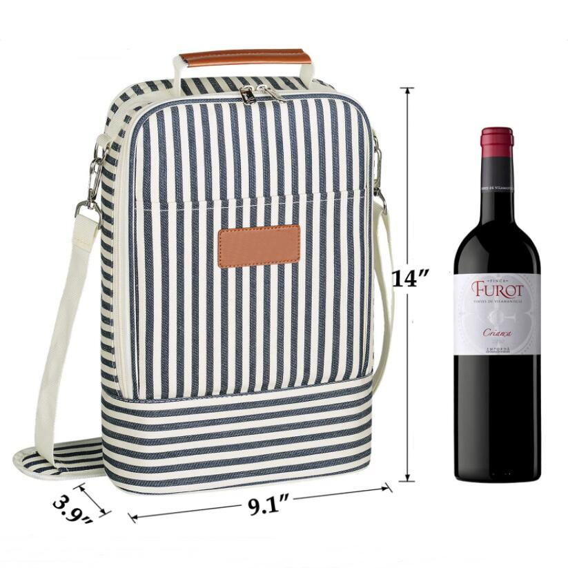 Gestreifte, gepolsterte Camping-Reiseparty, 2 Flaschenträger, Wein-Isoliertasche, tragbare Thermotaschen für Weinflaschen