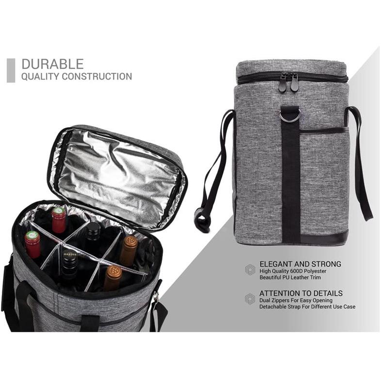 Grau Große Kapazität 6 Flaschen Aluminiumfolie Kühler Reißverschlusstasche Isolierte Weinbeutel Handtaschen Thermo-Organizer