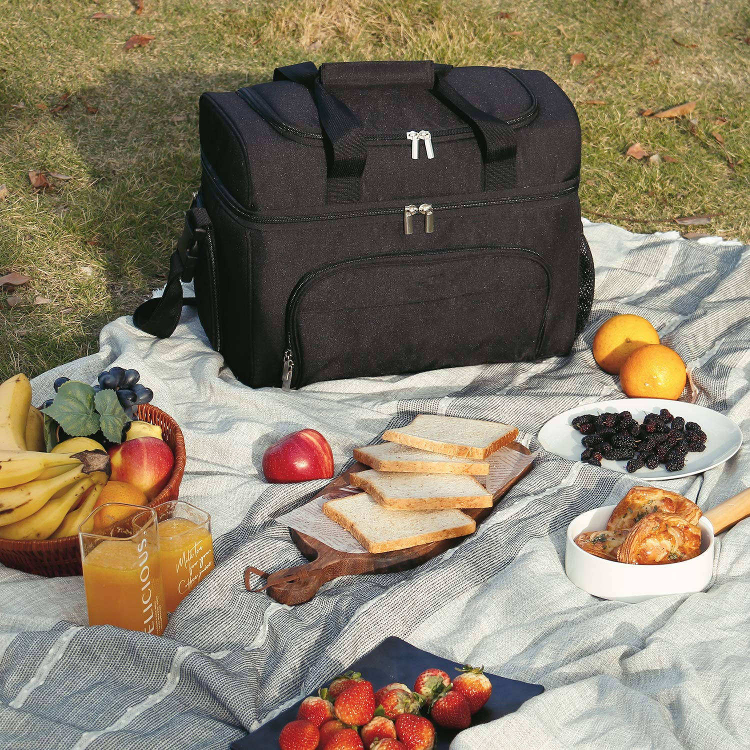 Große tragbare weiche Kühltasche Lunchbox 48 Dosen Kühltasche Doppelschicht schwarz für Camping, Picknick-Kühltasche