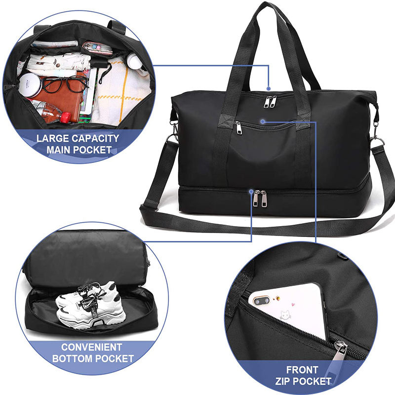 Doppeldecker-Sporttasche für Damen, schwarz, zum Schwimmen, Training, Tragetasche, Tragetasche, Schuhfach, Reise-Sporttasche