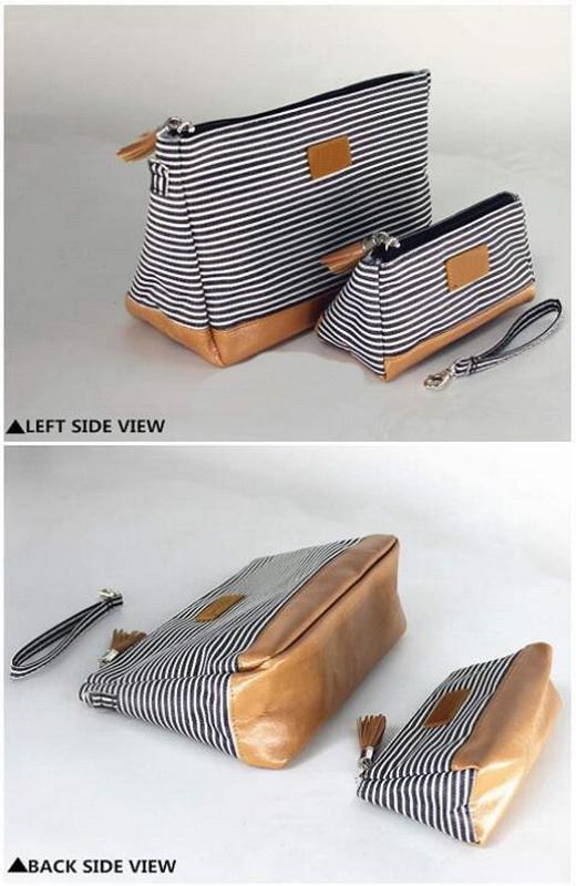 Großes benutzerdefiniertes Logo gestreifte Dame Reise-Kulturbeutel Make-up-Taschen Reißverschluss Make-up-Tasche tragbarer Griff Kosmetikbeutel mit Reißverschluss