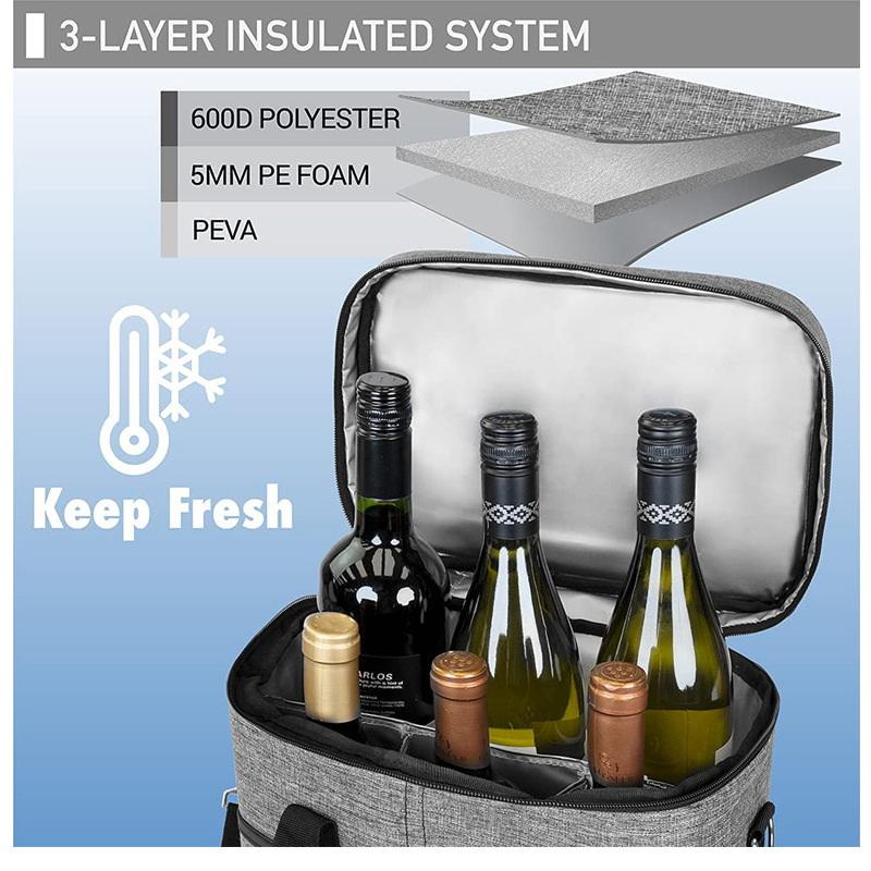 Grau Große Kapazität 6 Flaschen Aluminiumfolie Kühler Reißverschlusstasche Isolierte Weinbeutel Handtaschen Thermo-Organizer
