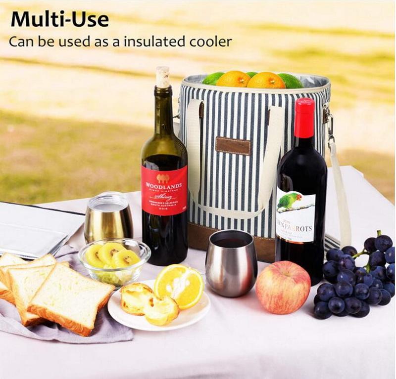 Premium Gestreifte, tragbare, gepolsterte, wasserdichte Strand-, Schwimm-, Picknick-, Weinträger-, Kühltaschen, 6 Flaschen, isolierte Thermo-Weintasche